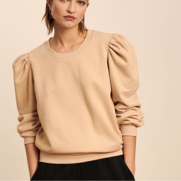 Madeleine Thompson Taupe Puff Sleeve Crewneck Classic Sweatshirt - Picture 2 of 9